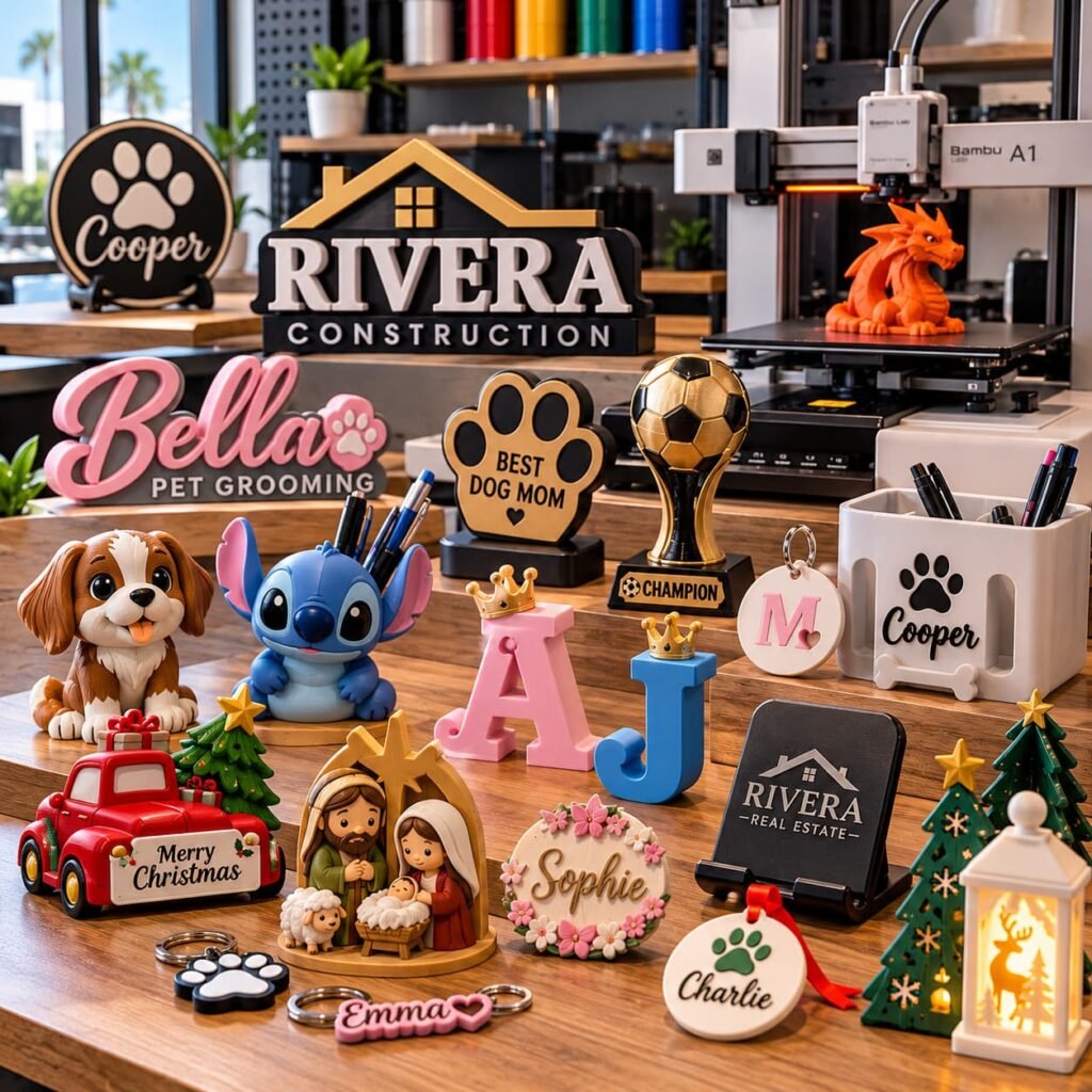 3D-printed purple logo sign and keychains made on a Bambu Lab printer