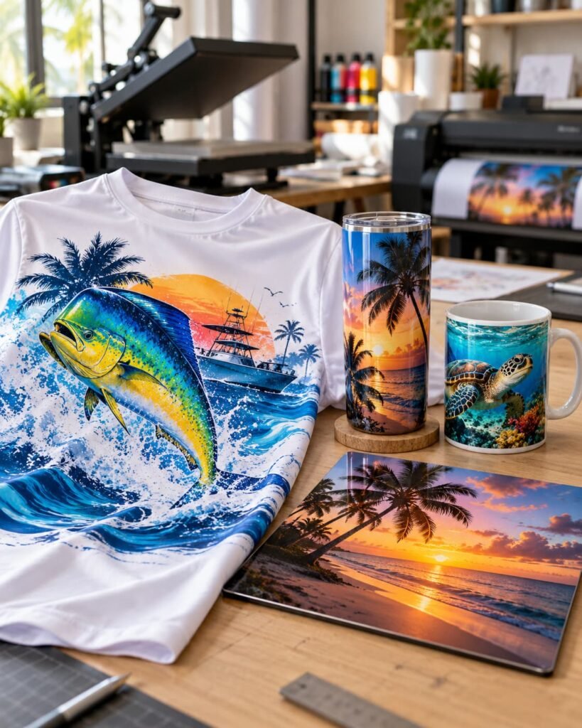 Sublimated photo mug and white polyester shirt with a bright all-over print