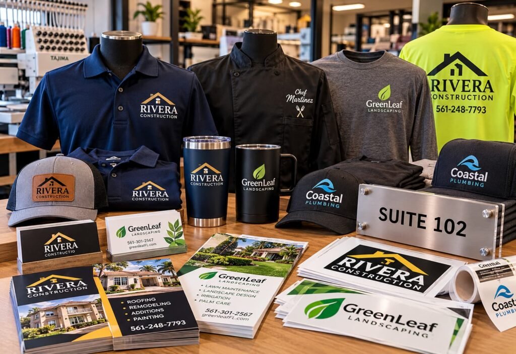 Team wearing matching embroidered polos and caps with their business logo